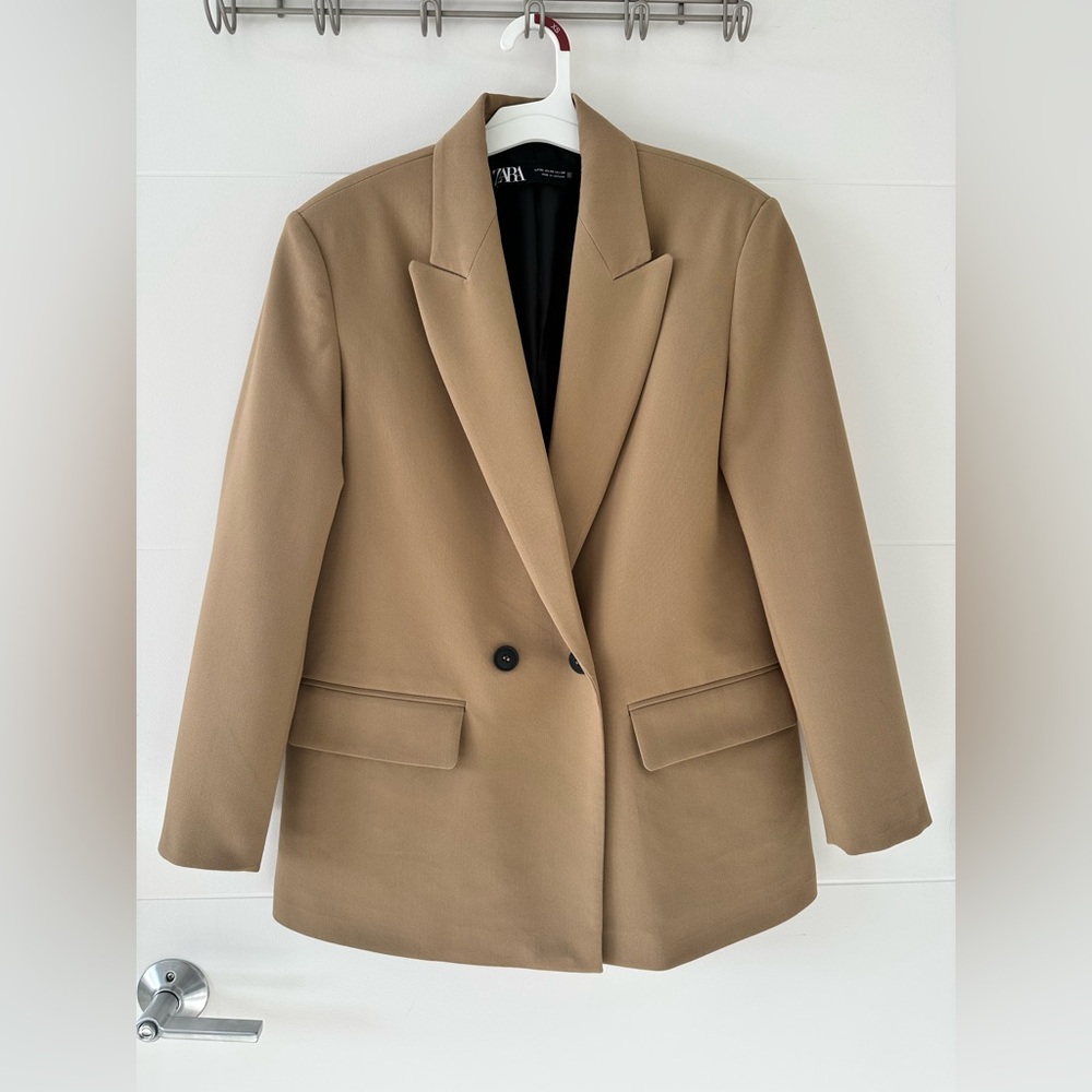Zara Women’s Oversized Double Breasted Blazer Tan Camel XS